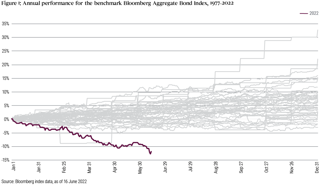 図表1：ベンチマークのブルームバーグ・バークレイズ債券総合インデックス年次パフォーマンス (1977年～2022年)